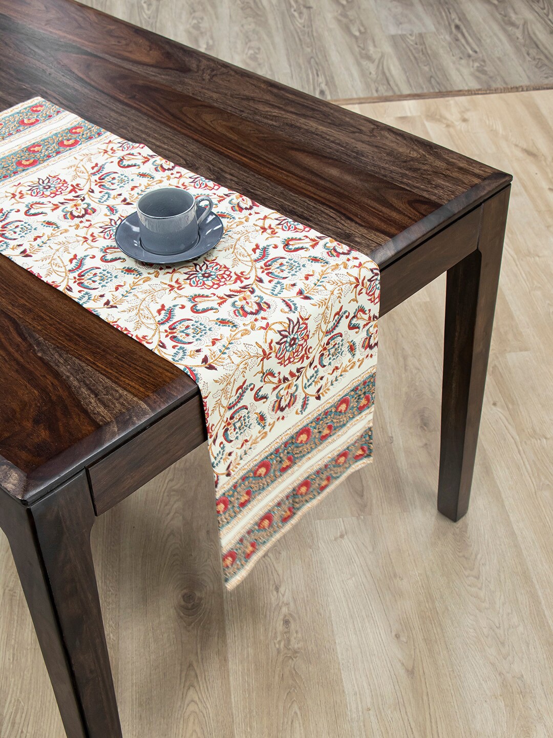 

Fabindia Teal Blue & Off White Floral Printed Cotton Table Runner
