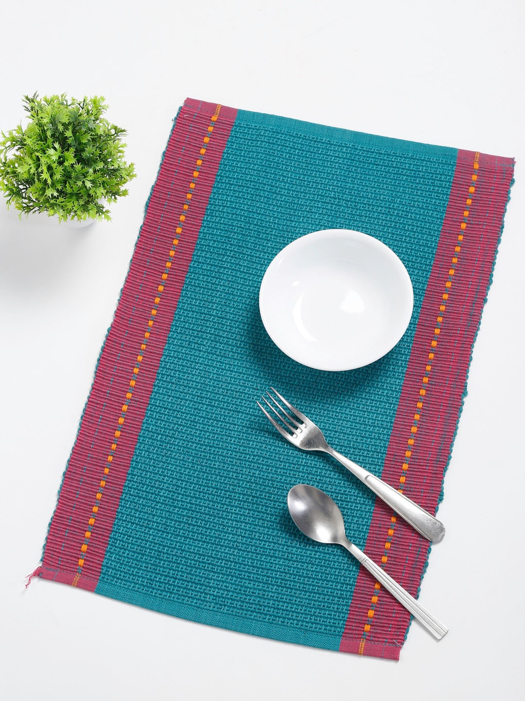 

Fabindia Set Of 4 Teal Blue & Pink Woven Cotton Table Placemats