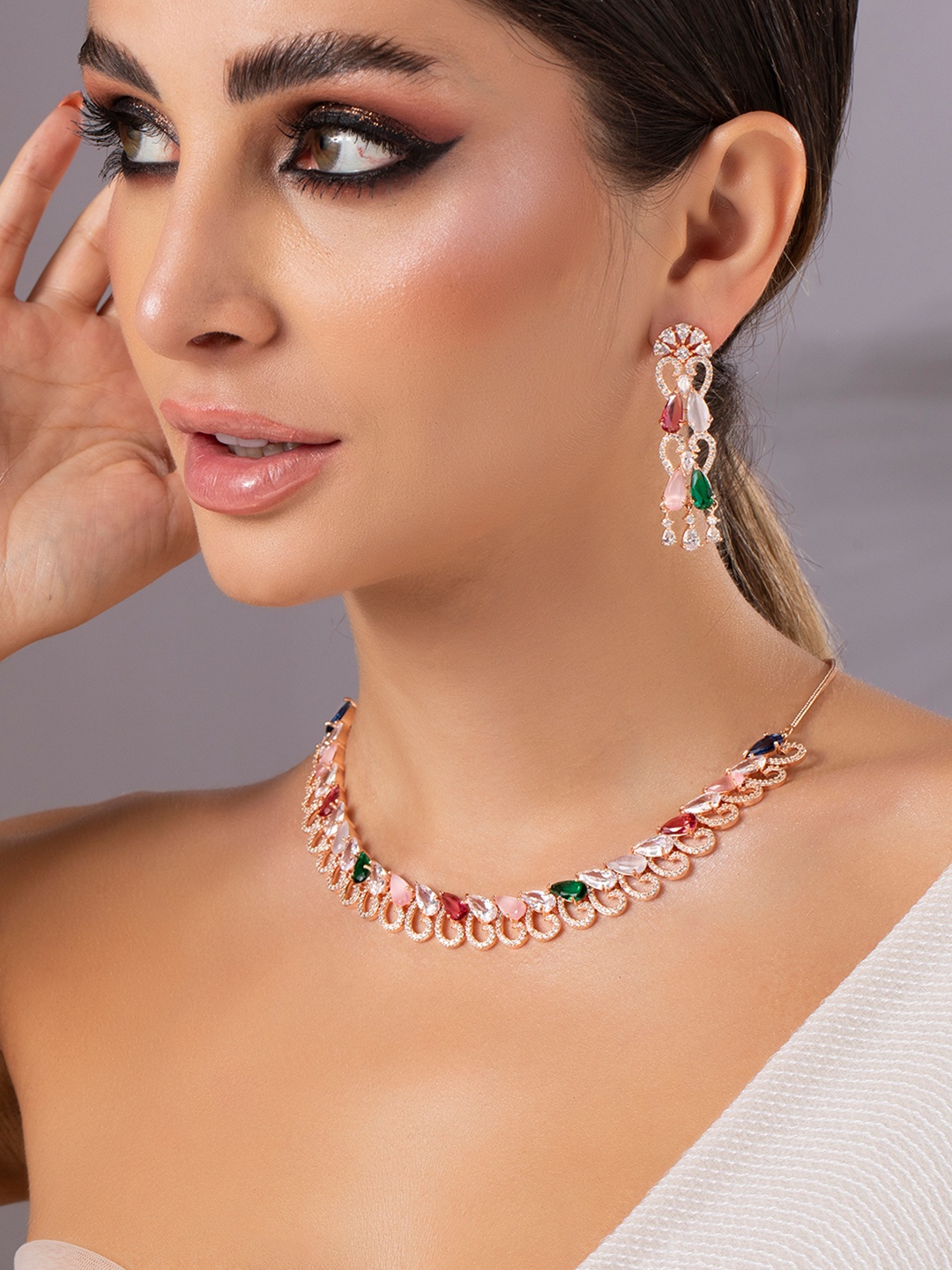 

Rubans 24K Rose Gold Plate Multicolored AD Gemstone & CZ Studded Premium Jewellery Set, Pink