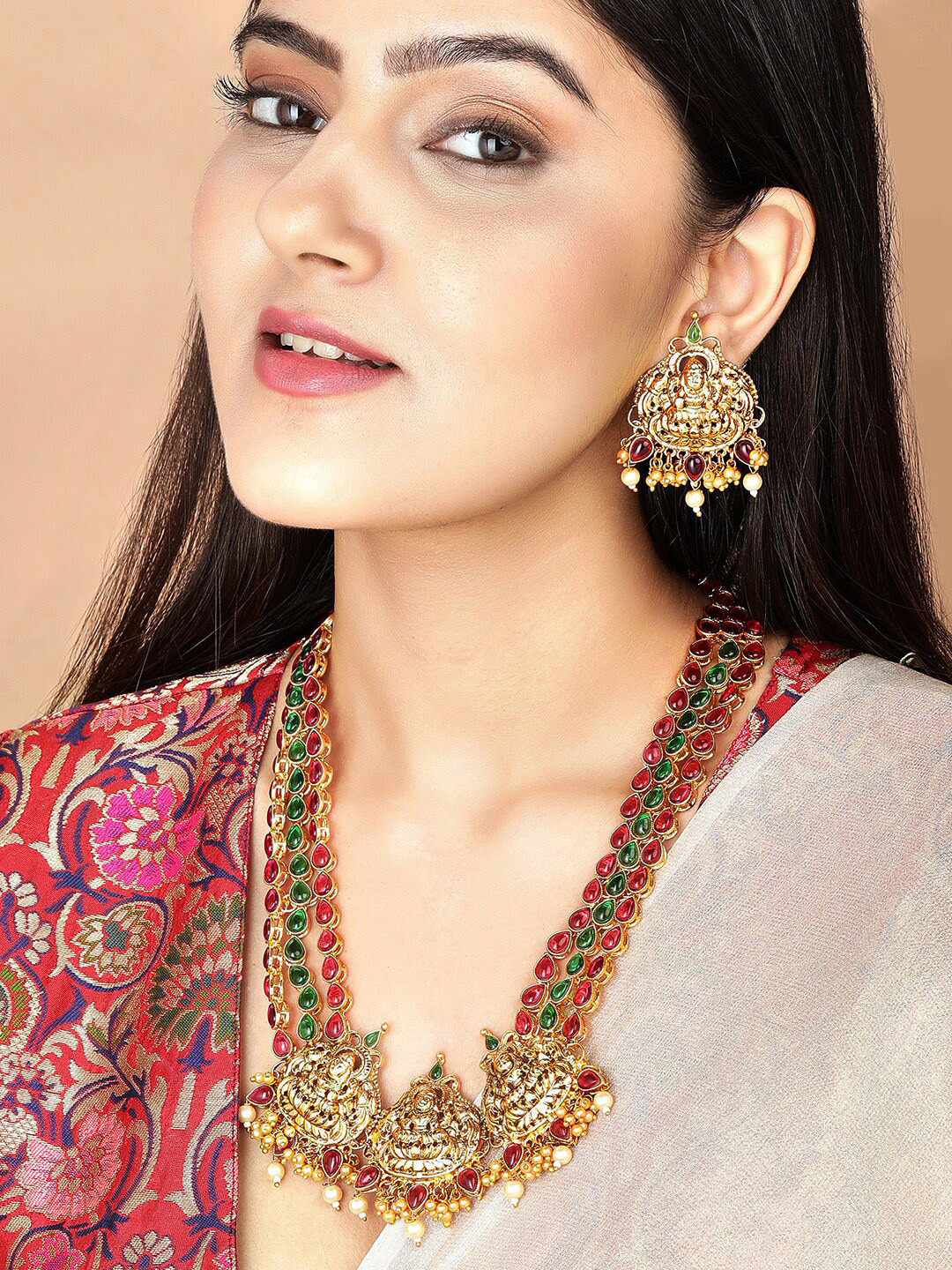 

Rubans Gold-Toned Red & Green Long Necklace Set