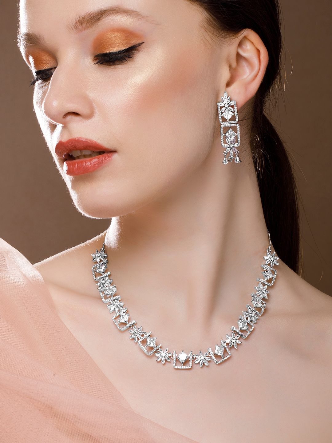 

Rubans Silver-Plated & White AD-Studded Jewellery Set