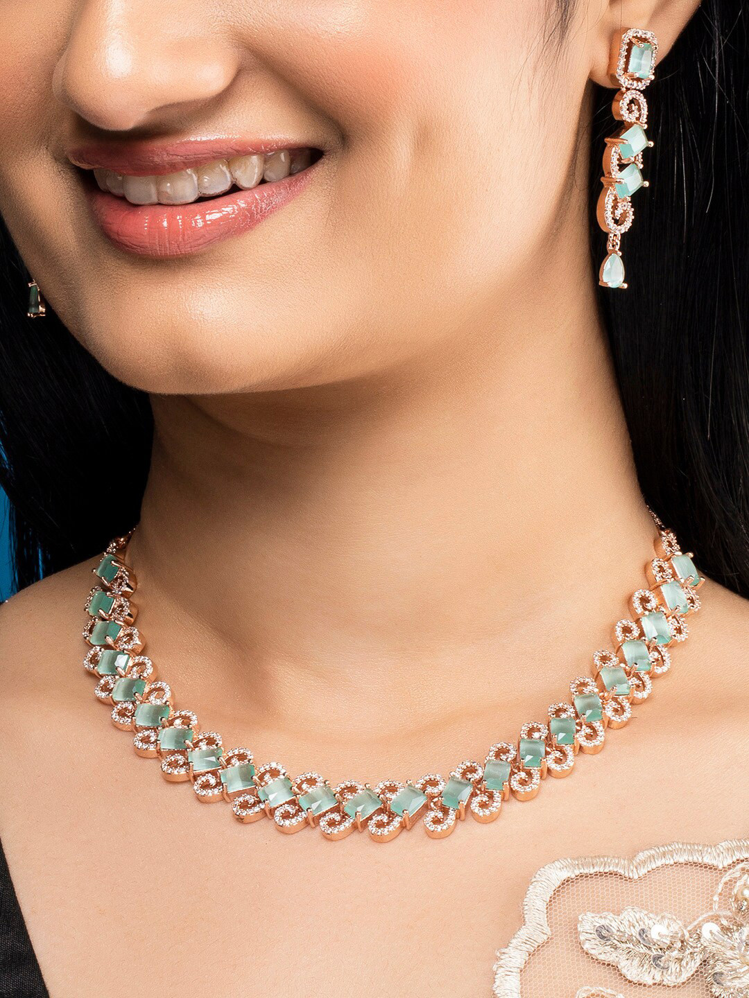 

Rubans Rose Gold-Plated & Green AD-Studded Jewellery Set