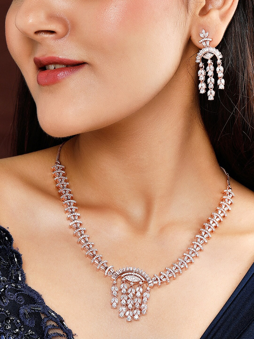 

Rubans Rose Gold-Plated White AD-Studded Jewellery Set