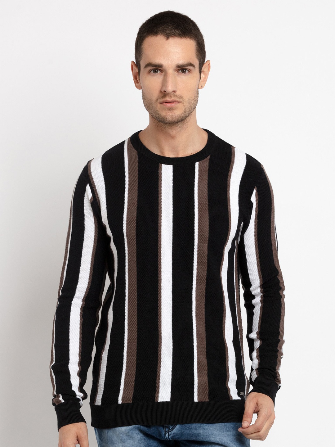 

Status Quo Men Black & Brown Cotton Striped Pullover