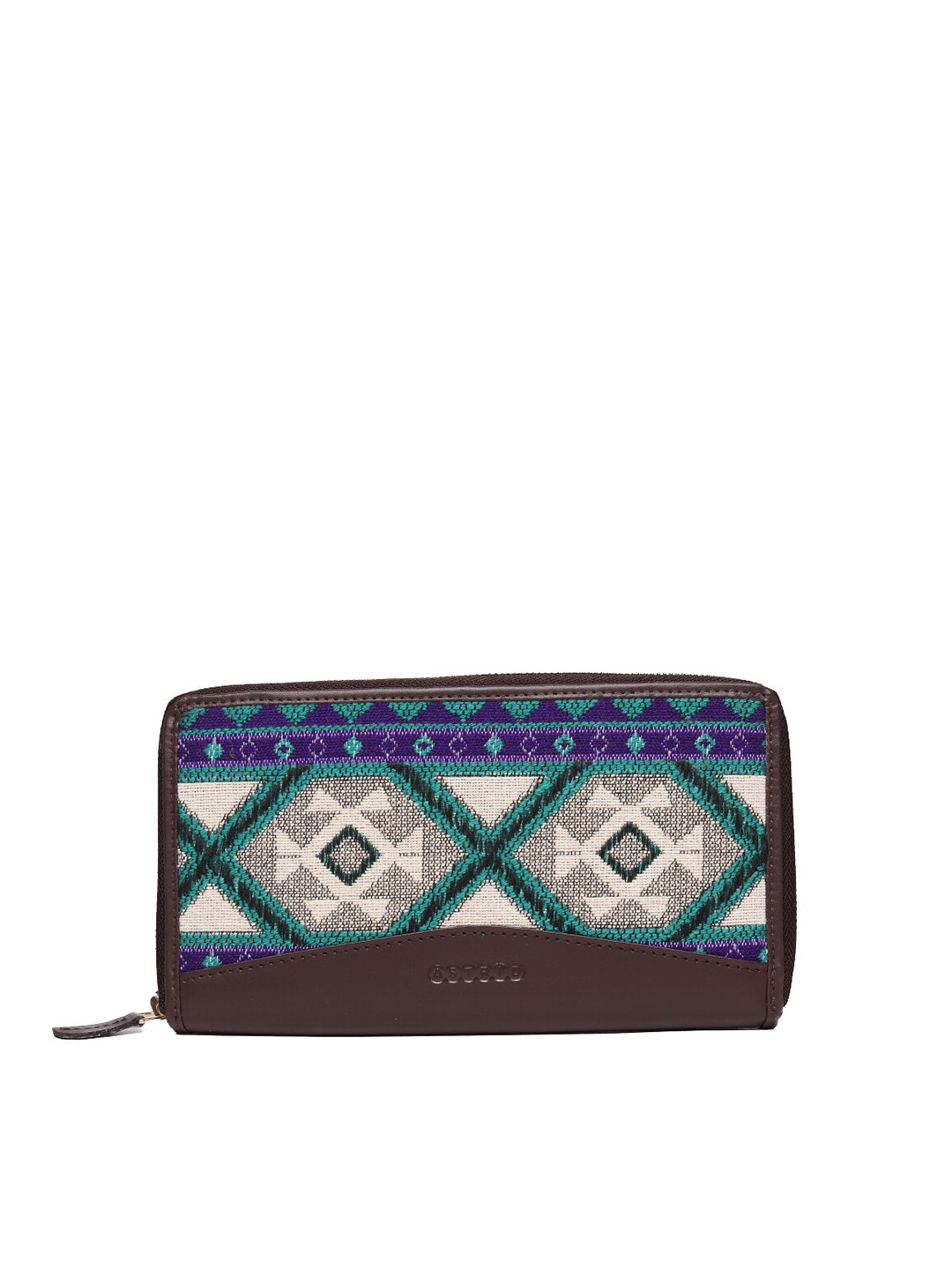 

ASTRID Women Blue & Brown Woven Design Canvas Zip Around Wallet