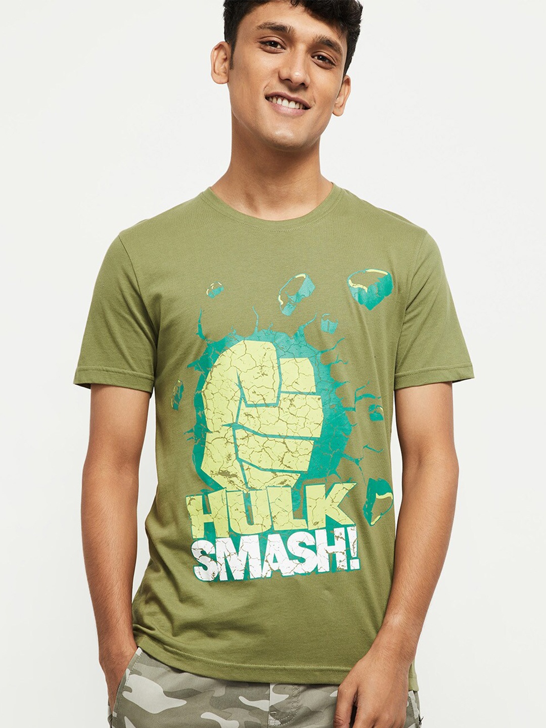 

max Men Olive Green Printed Pure Cotton T-shirt