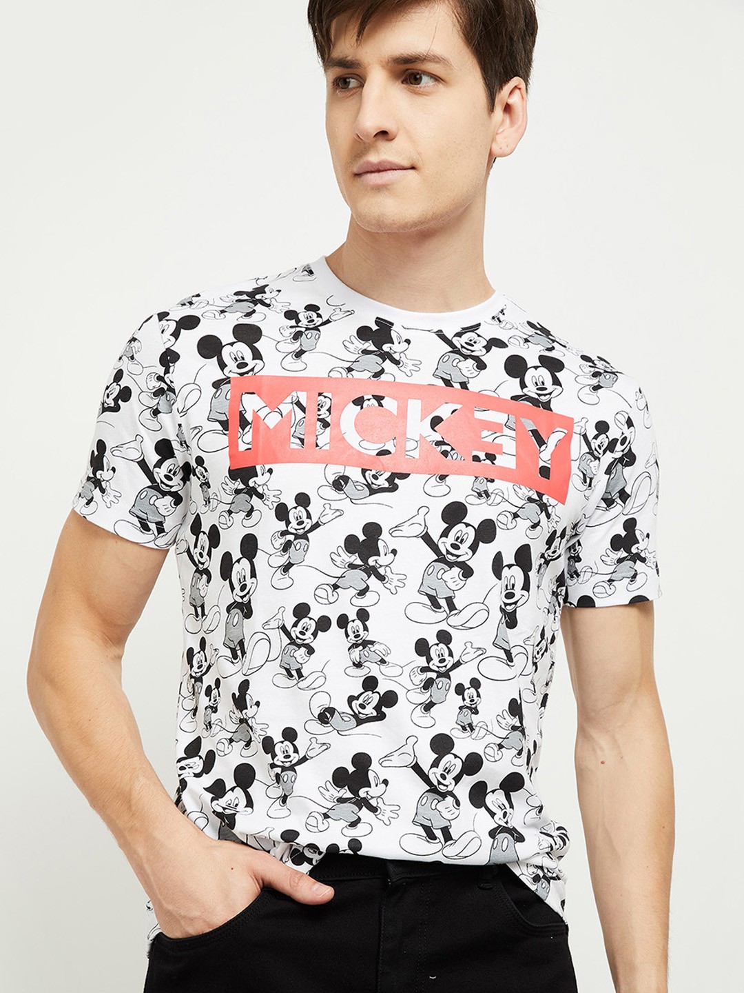 

max Men White Mickey Mouse Printed Pure Cotton T-shirt