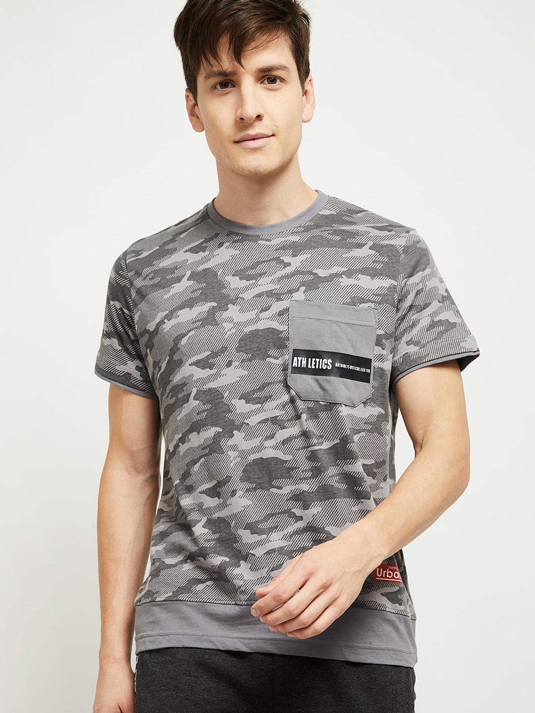 

max Men Grey Camouflage Printed T-shirt