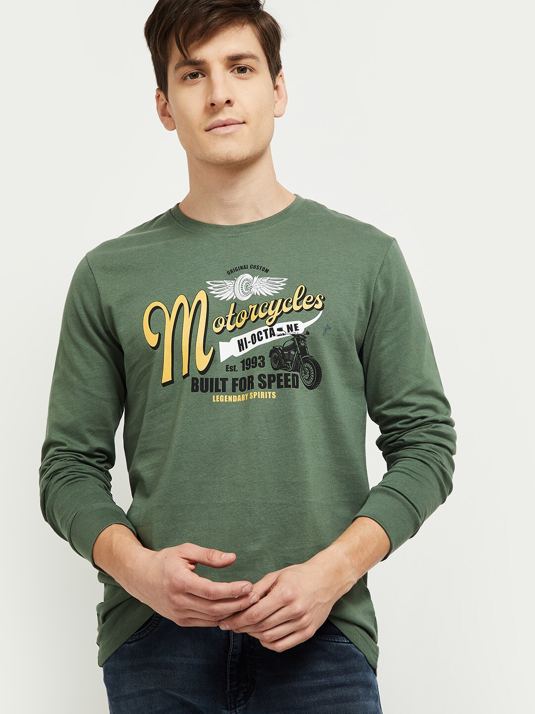 

max Men Olive Green Typography Printed Cotton T-shirt