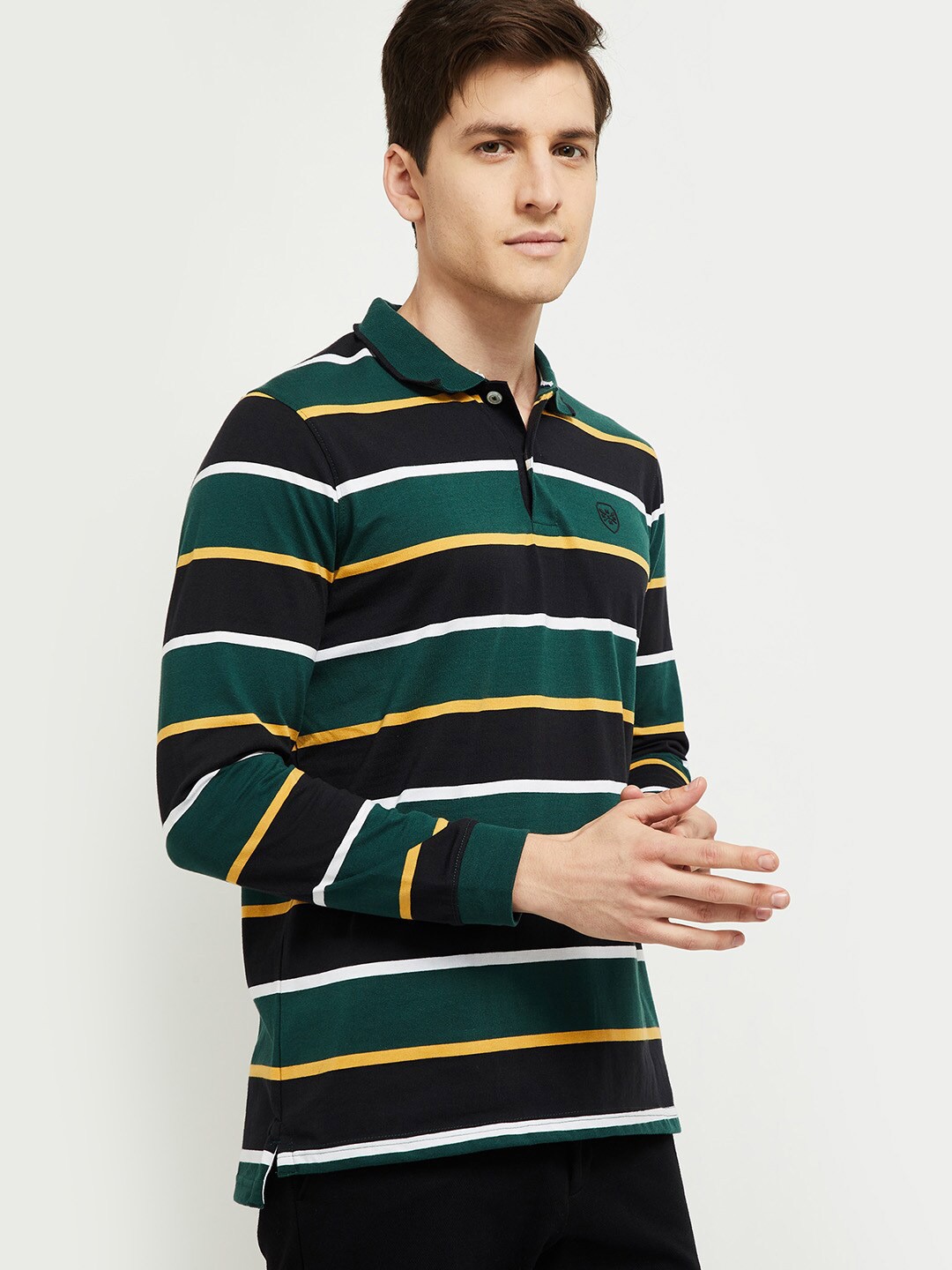 

max Men Green & Black Striped Polo Collar T-shirt