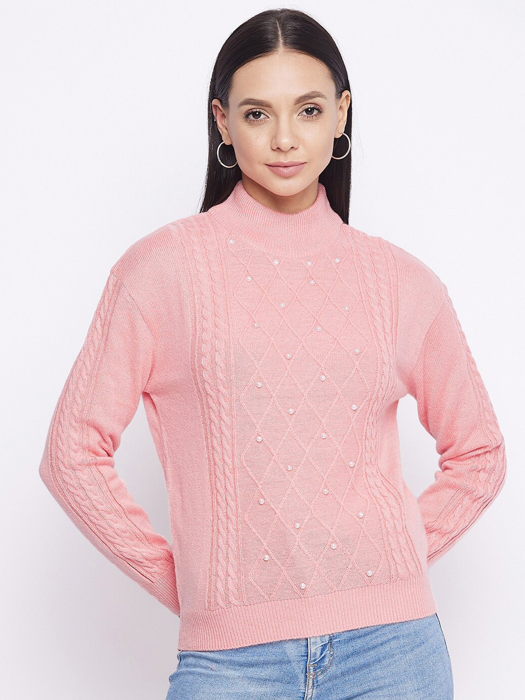

Octave Women Pink & White Diamond Knit Pullover with Embellished Detail