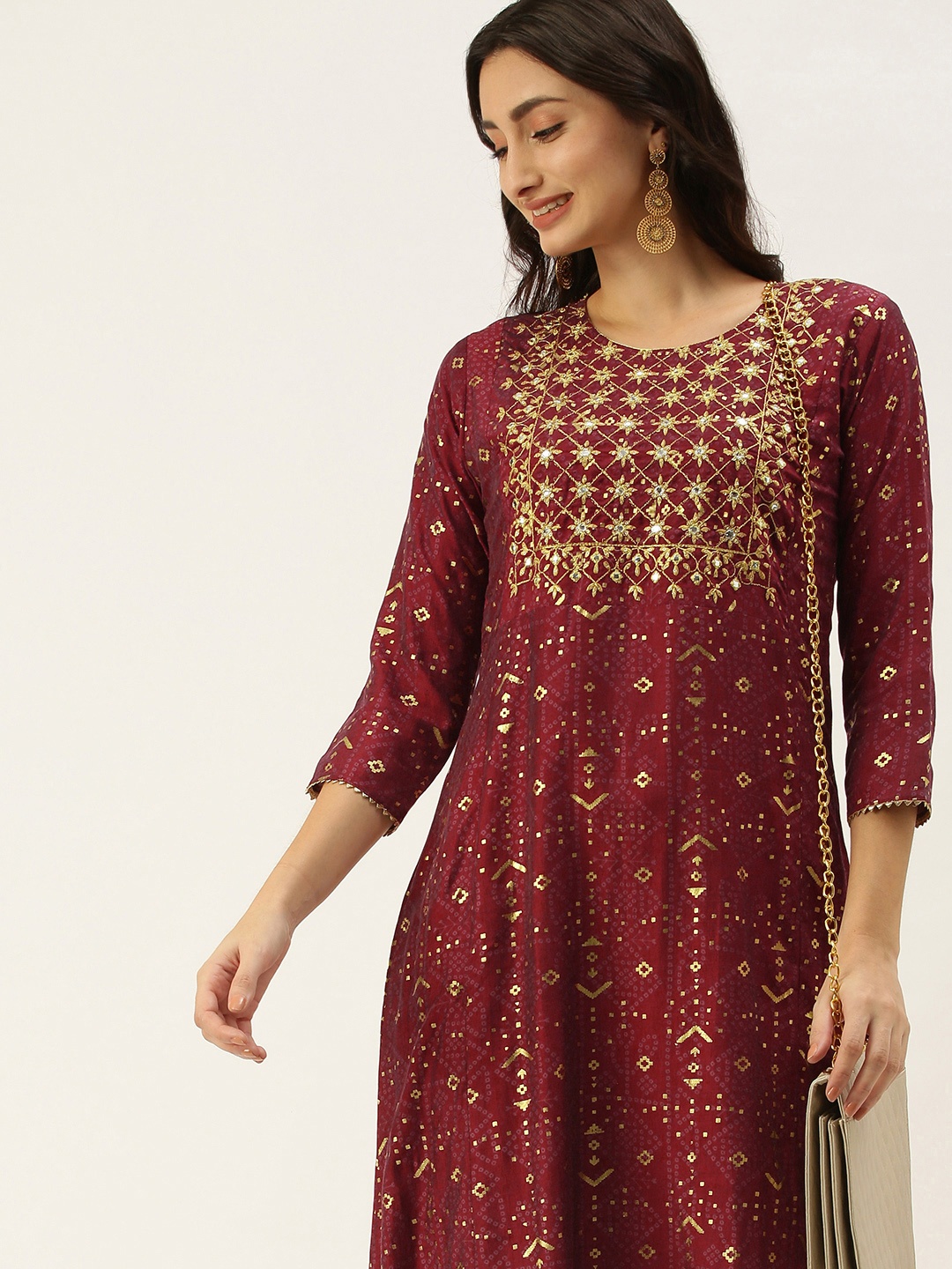 

SWAGG INDIA Women Maroon Ethnic Motifs Embroidered Empire Gotta Patti Kurta with Trousers