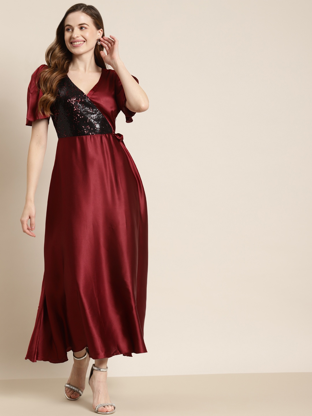 

Qurvii Maroon Embellished Satin Finish Maxi Dress