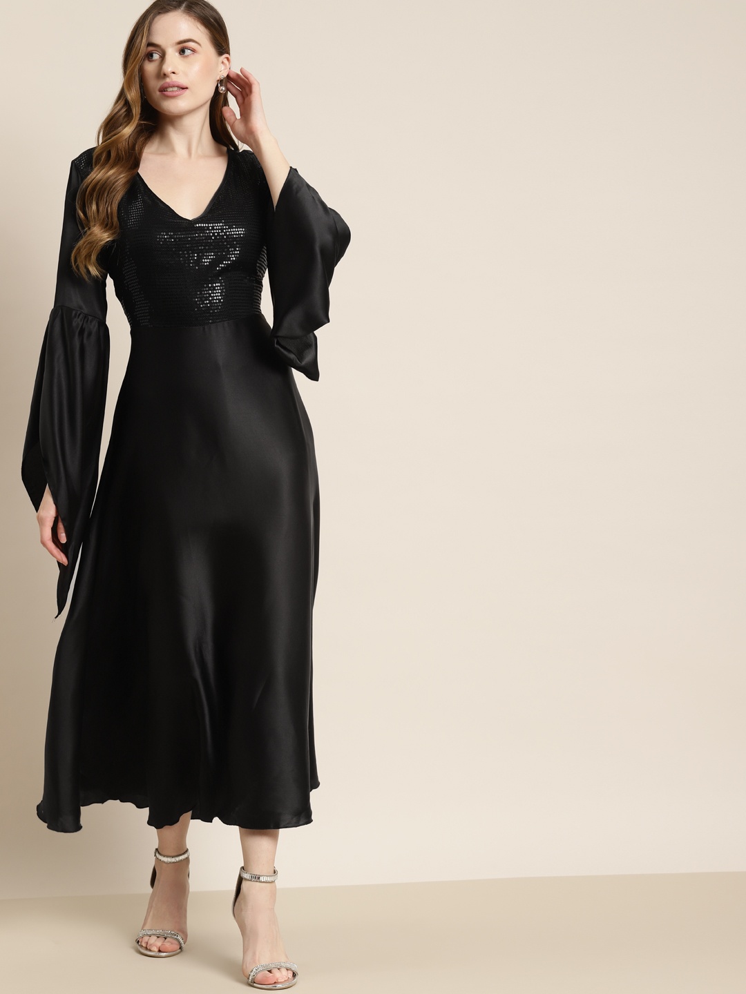 

Qurvii Black Embellished Satin Finish Maxi Dress