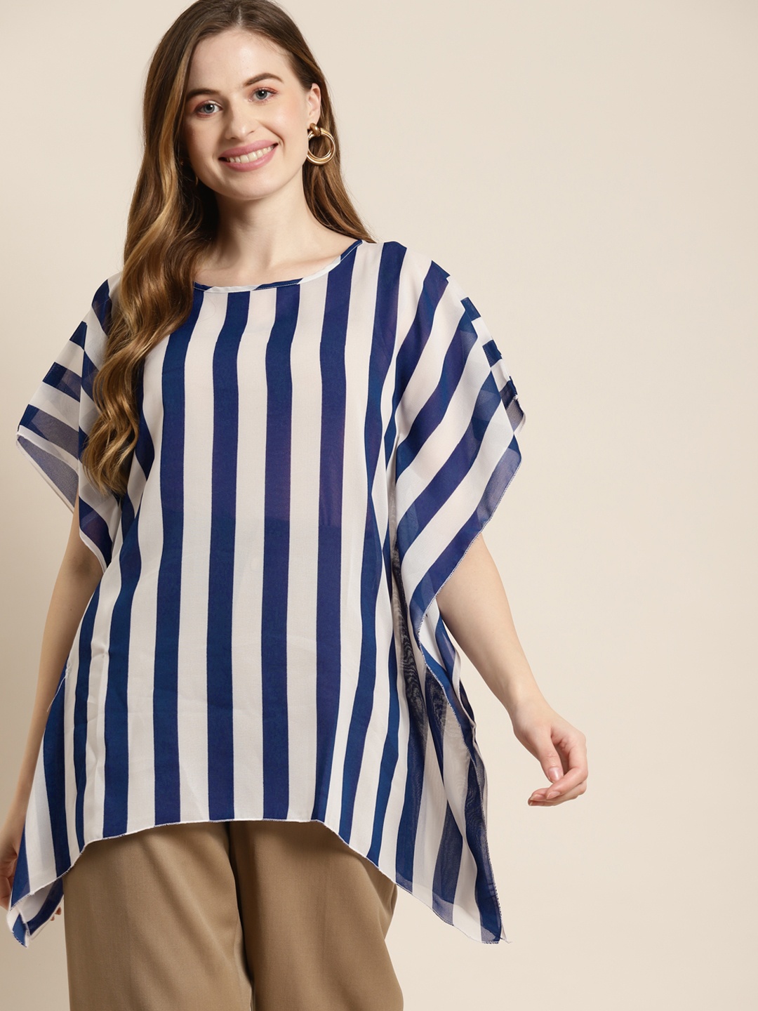 

Qurvii Navy Blue & White Striped Extended Sleeves Kaftan Top