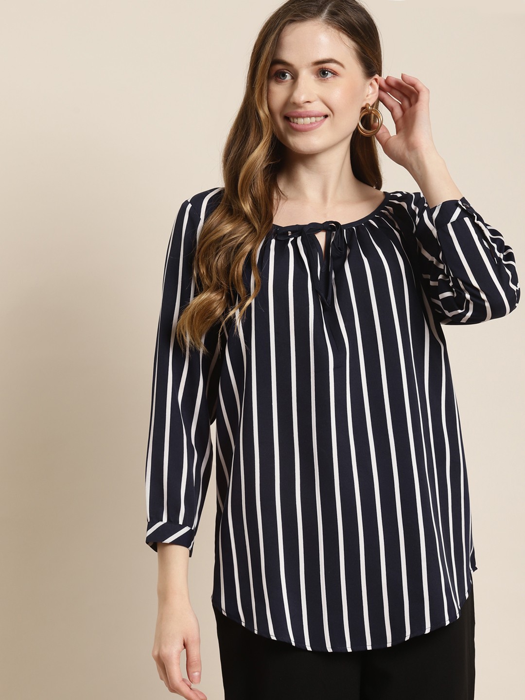 

Qurvii Navy Blue & White Striped Tie-Up Neck Top