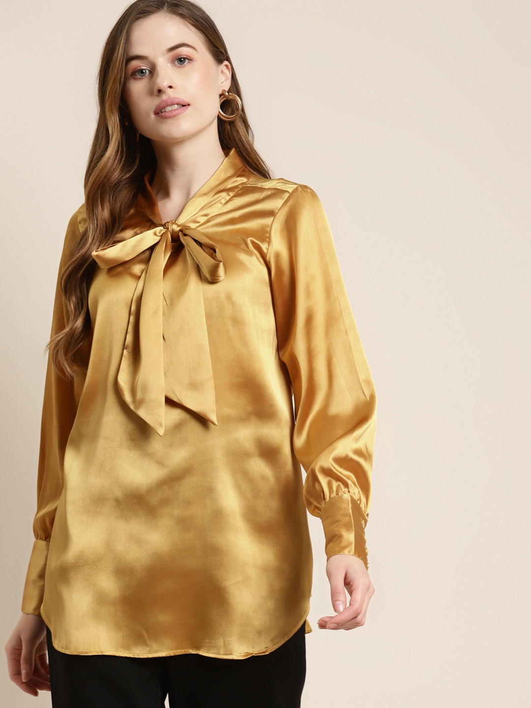 

Qurvii Mustard Yellow Solid Satin Finish Tie-Up Neck Top