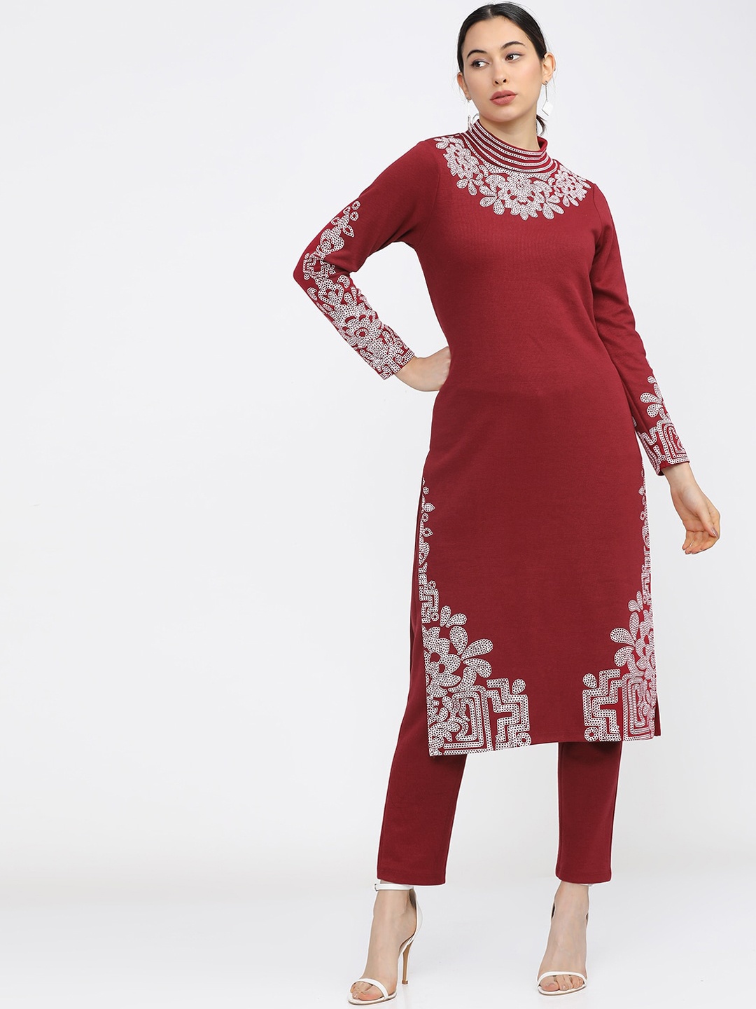 

Vishudh Women Red Embroidered Regular High Neck Kurta with Trousers