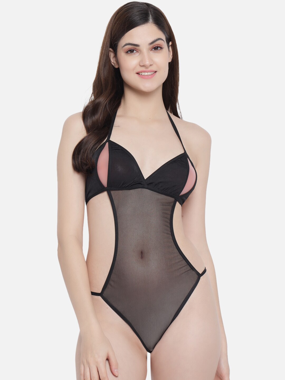 

SECRETS BY ZEROKAATA Satin Halter Neck Baby Dolls with Thong Briefs, Black
