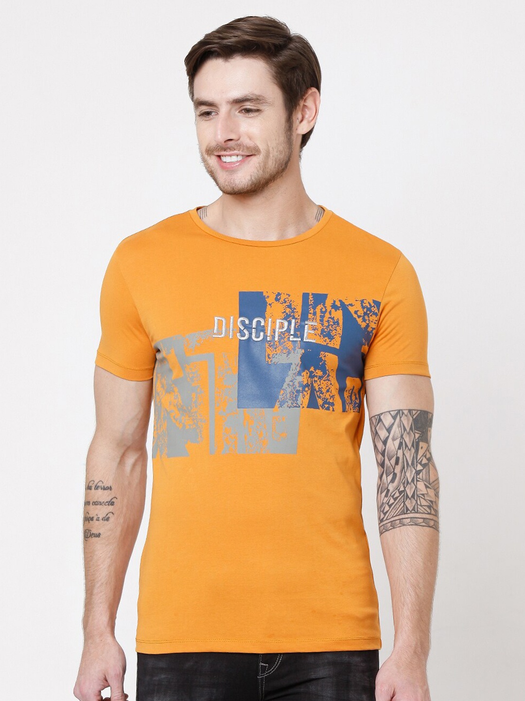 

Rex Straut Jeans Men Orange Printed Cotton Slim Fit T-shirt