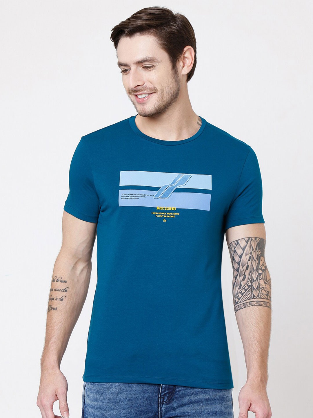 

Rex Straut Jeans Men Blue Typography Printed Slim Fit T-shirt