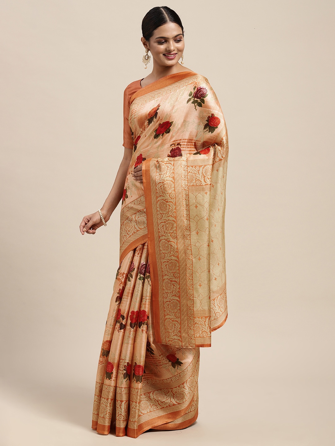 

KALINI Orange Floral Art Silk Khadi Saree