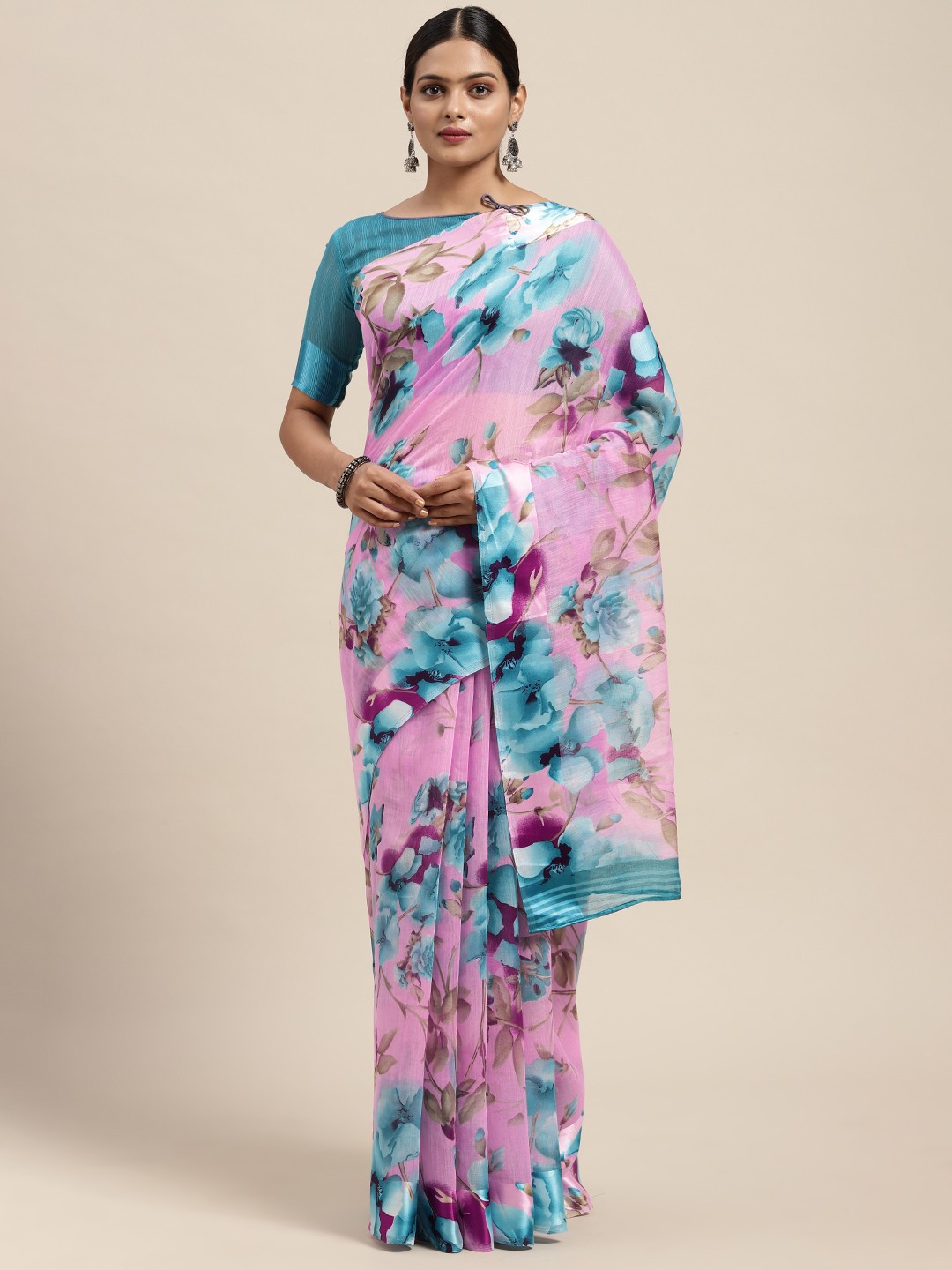 

KALINI Pink & Blue Floral Linen Blend Saree