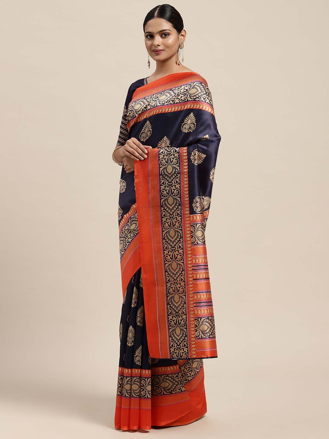 

KALINI Navy Blue & Orange Floral Banarasi Saree