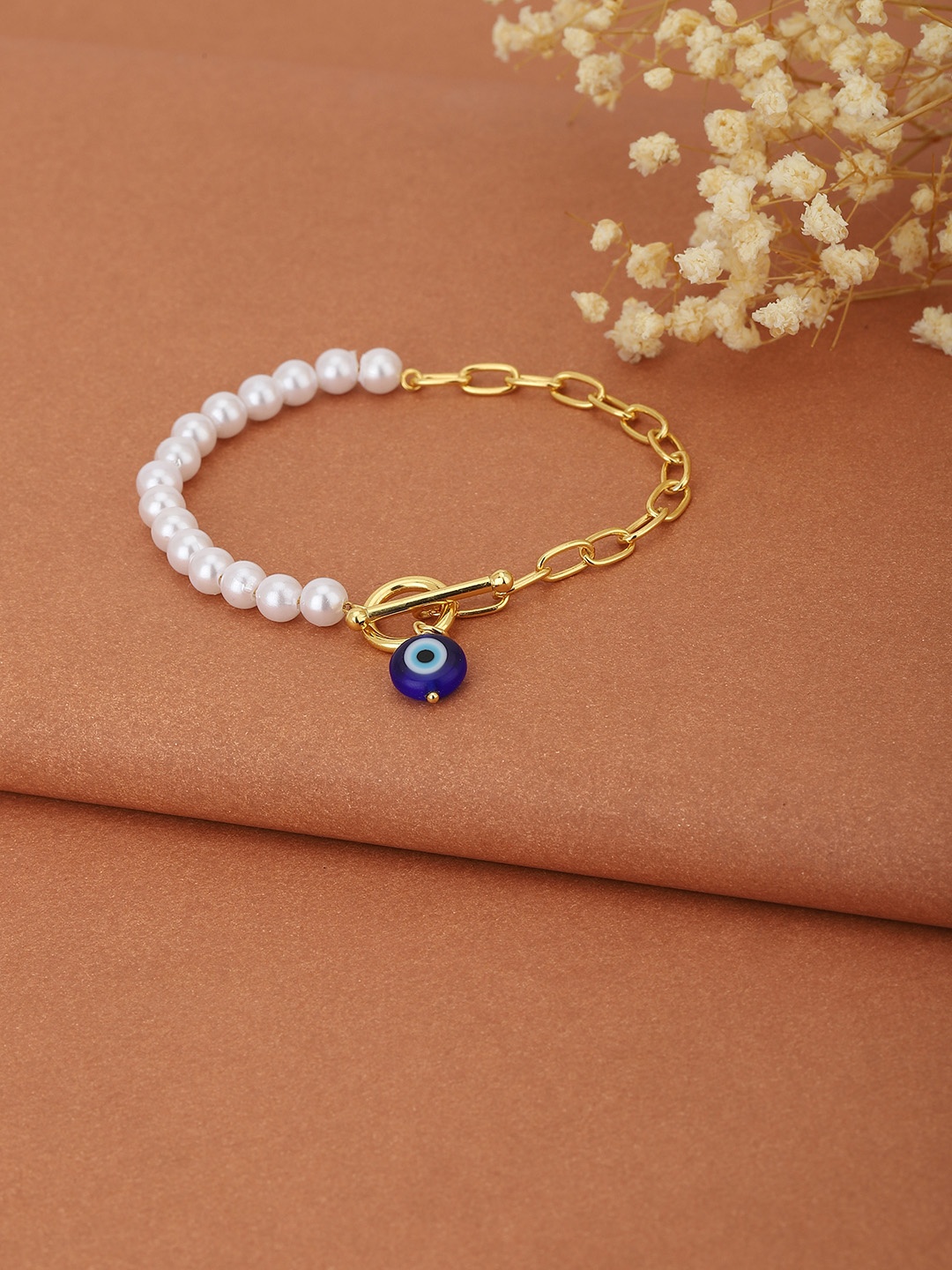 

Carlton London Women Gold-Toned & White Gold-Plated Evil Eye Beaded Link Bracelet
