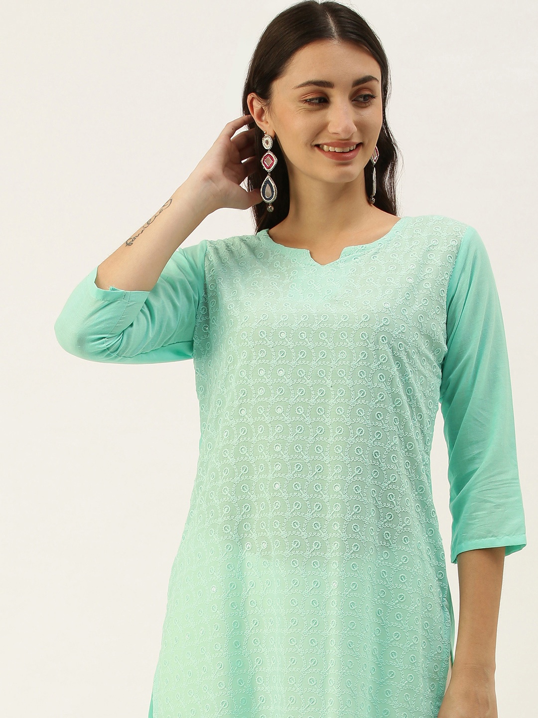 

SWAGG INDIA Women Sea Green Ethnic Motifs Embroidered Chikankari Kurta