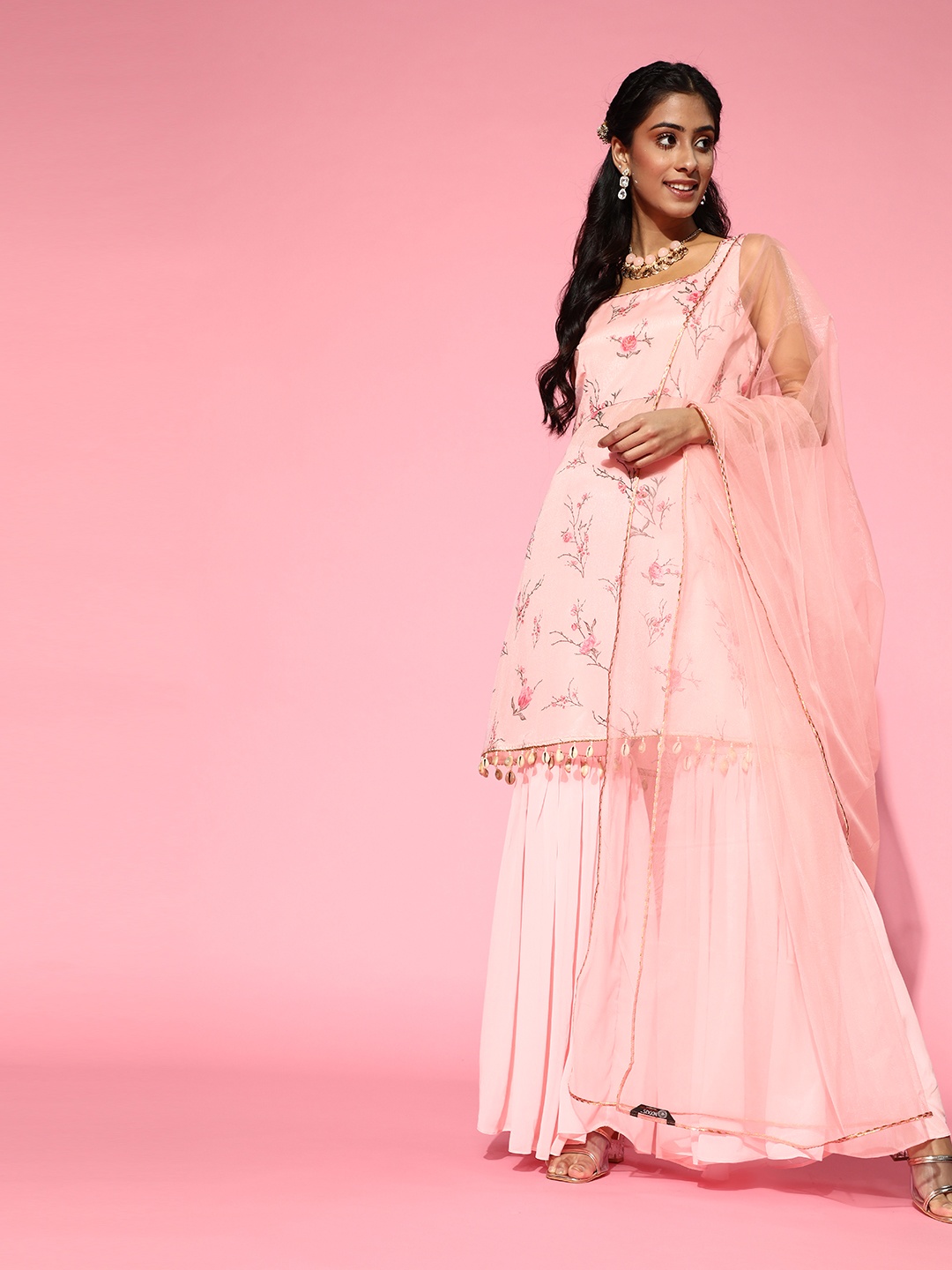 

Inddus Women Baby Pink Floral Digital Print Kurta with Sharara and Dupatta