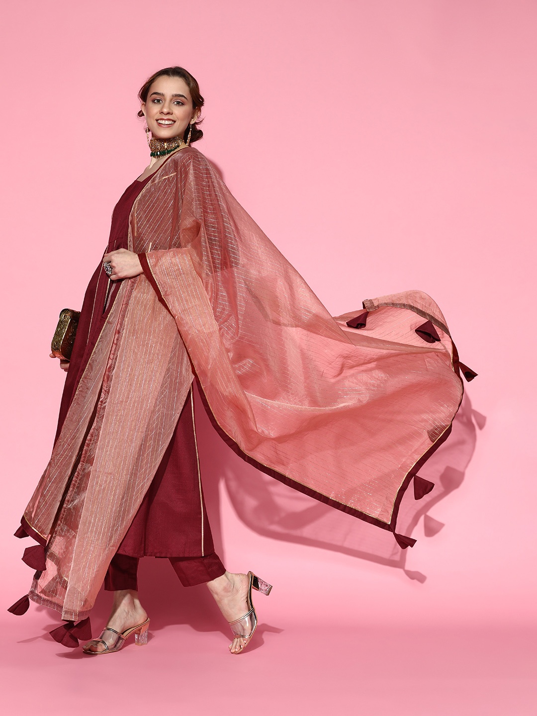 

Inddus Women Maroon Gotta Detailing Panelled Kurta with Pants and Organza Dupatta