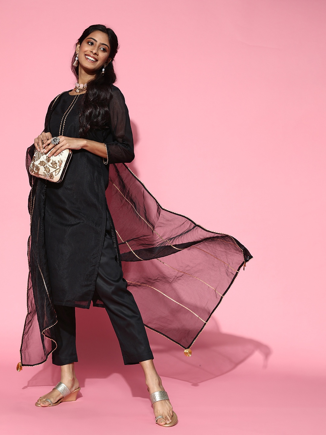 

Inddus Women Black Gotta Detail Kurta with Pants and Organza Dupatta