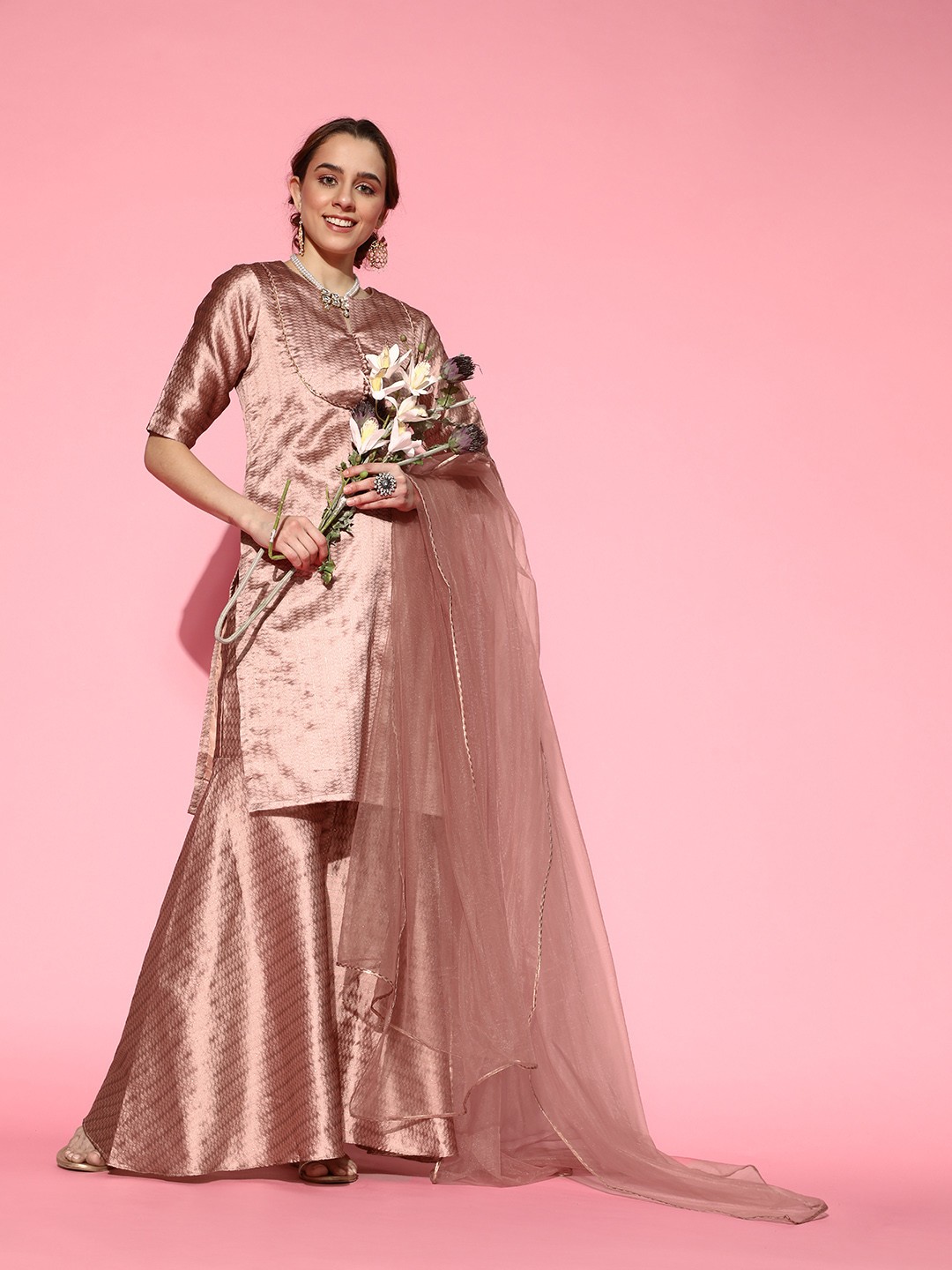 

Inddus Women Dirty Pink Woven Kurta with Sharara and Dupatta