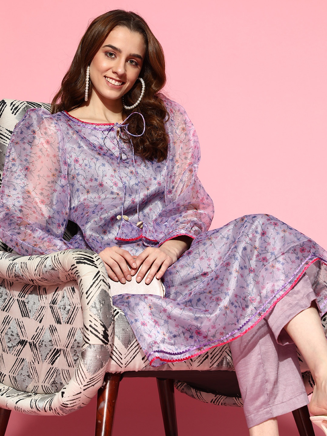 

Inddus Women Lavender Printed Kurta with Trousers