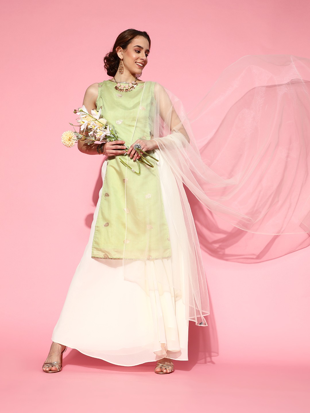 

Inddus Women Pista Green Paisley Woven Kurta with Palazzo and Net Dupatta