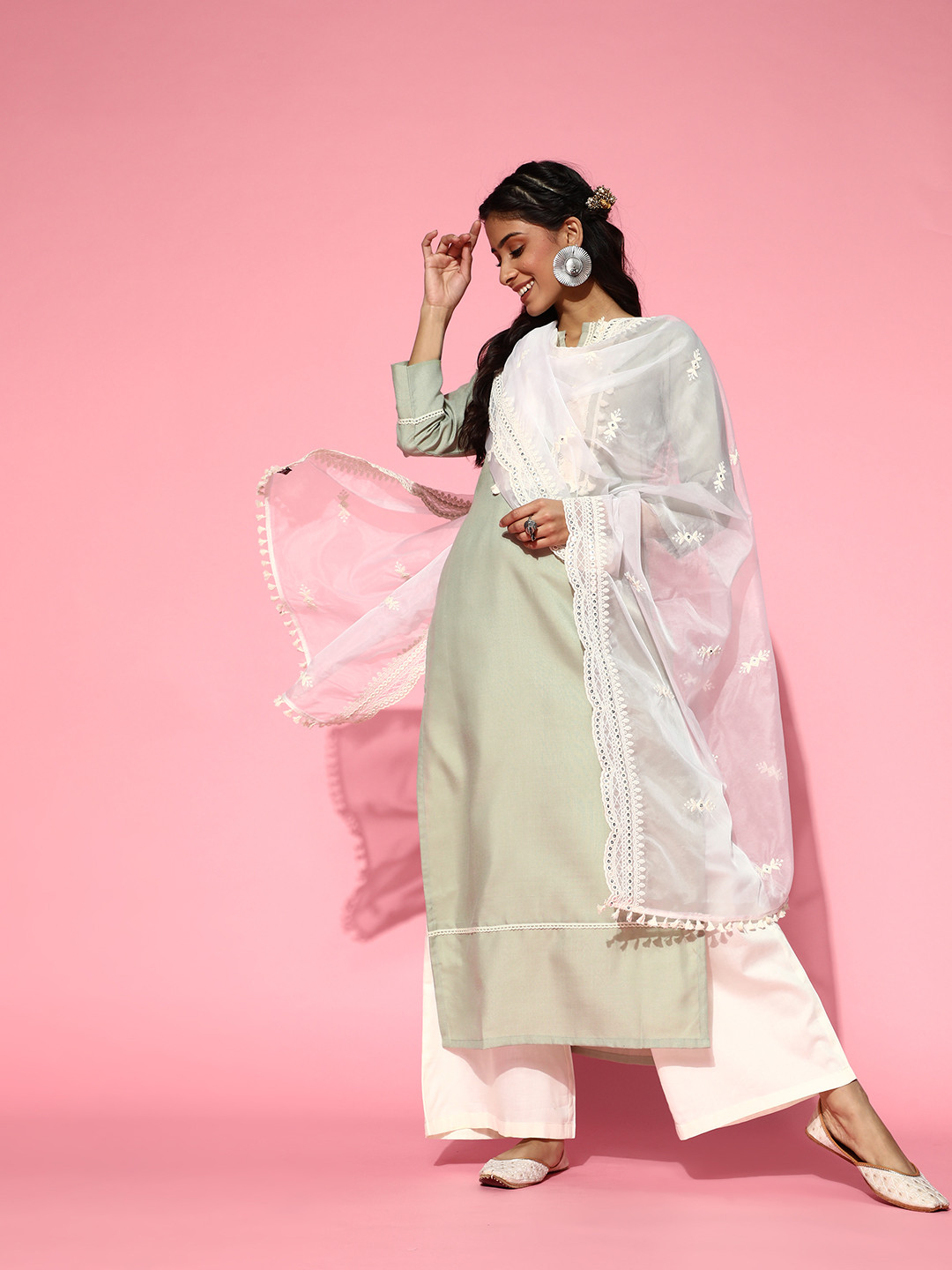 

Inddus Women Sage Green Laced Kurta with Palazzo and Embroidered Dupatta