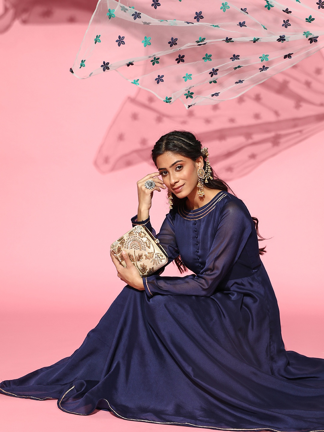

Inddus Women Navy Blue Anarkali Kurta with Net Embroidered Dupatta