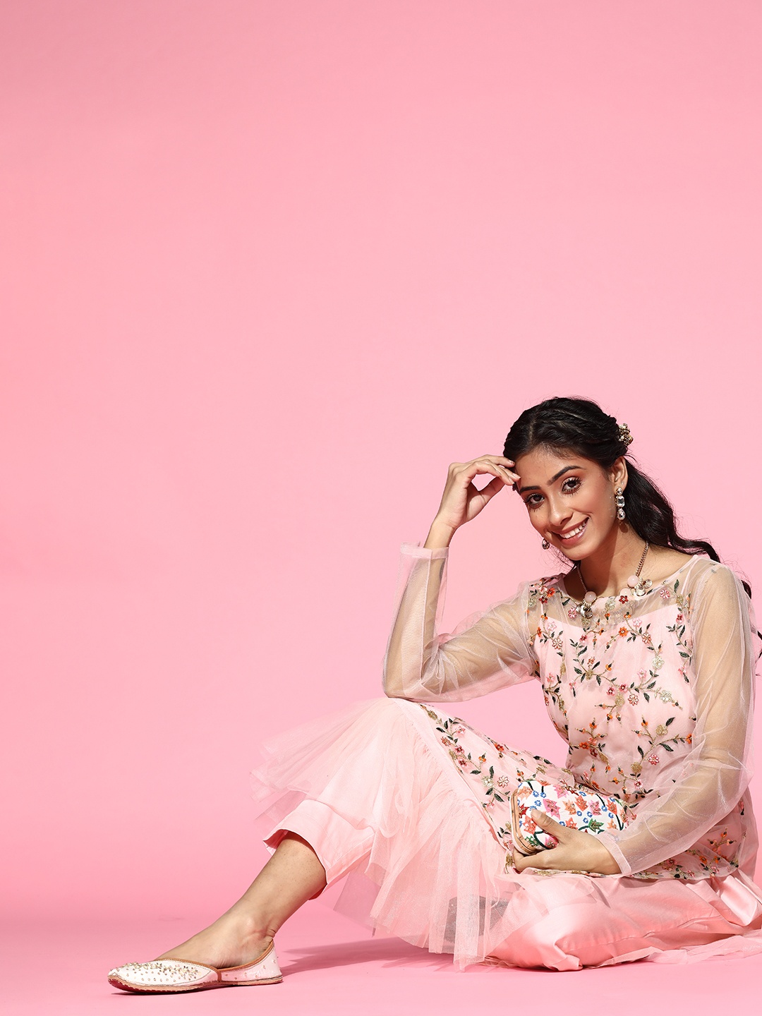

Inddus Women Pink Embroidered Sequinned Layered Kurta with Trousers
