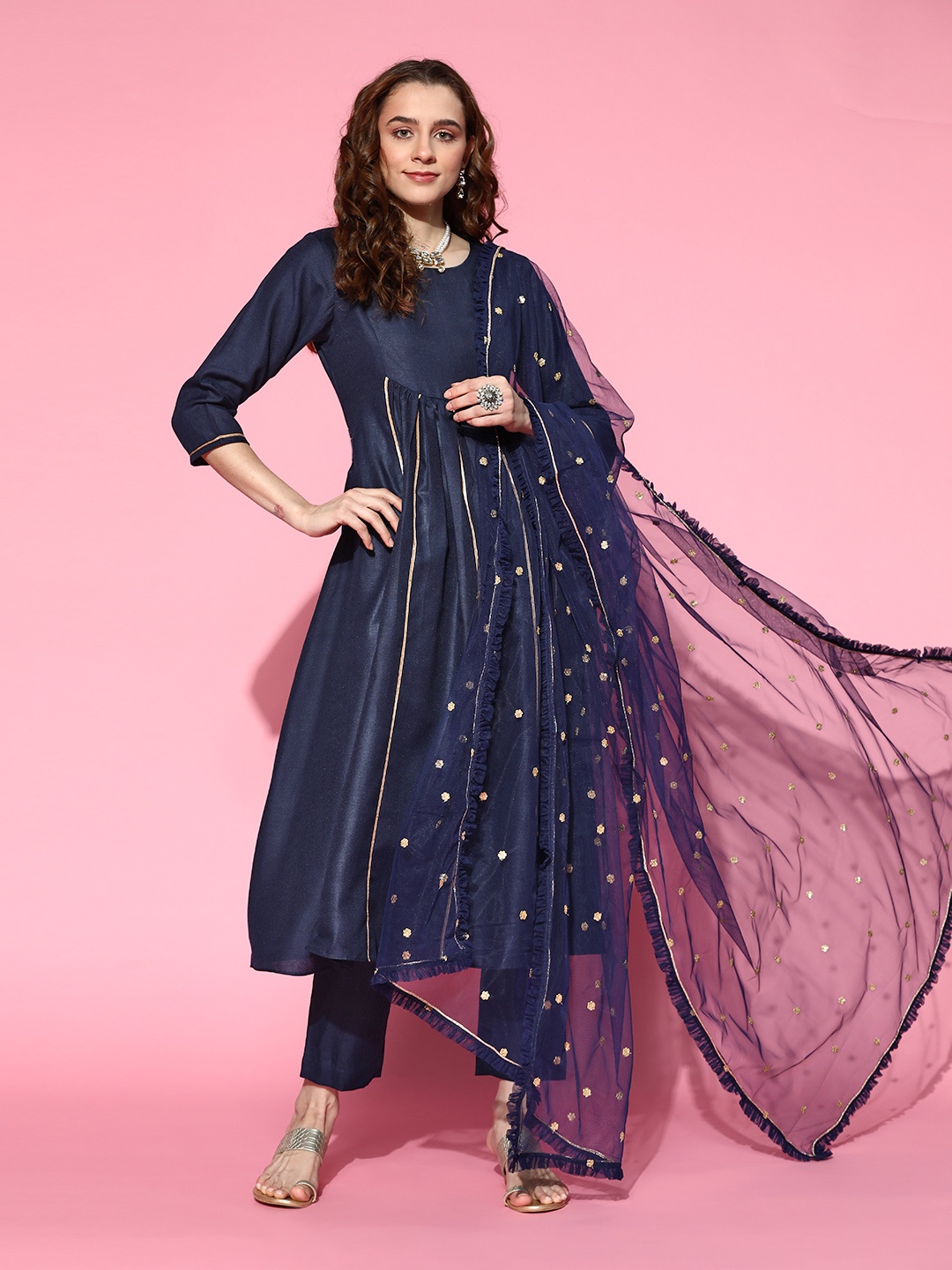 

Inddus Women Navy Blue Gotta Patti Kurta with Trousers & With Dupatta