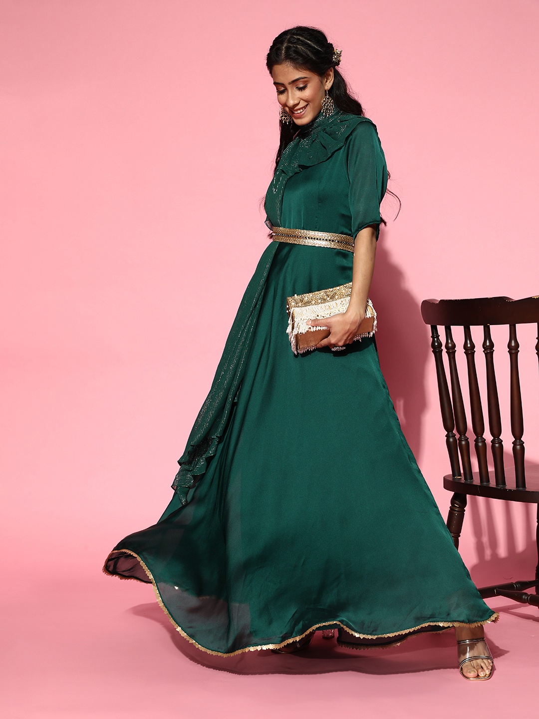 

Inddus Women Bottle Green Anarkali Kurta with Sequinned Dupatta