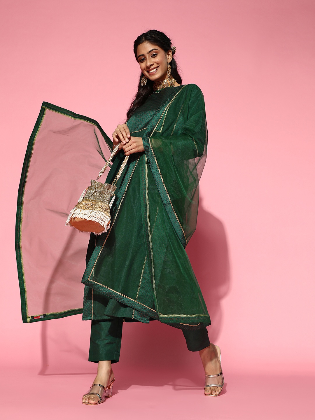 

Inddus Women Bottle Green Woven Kurta with Pants and Dupatta