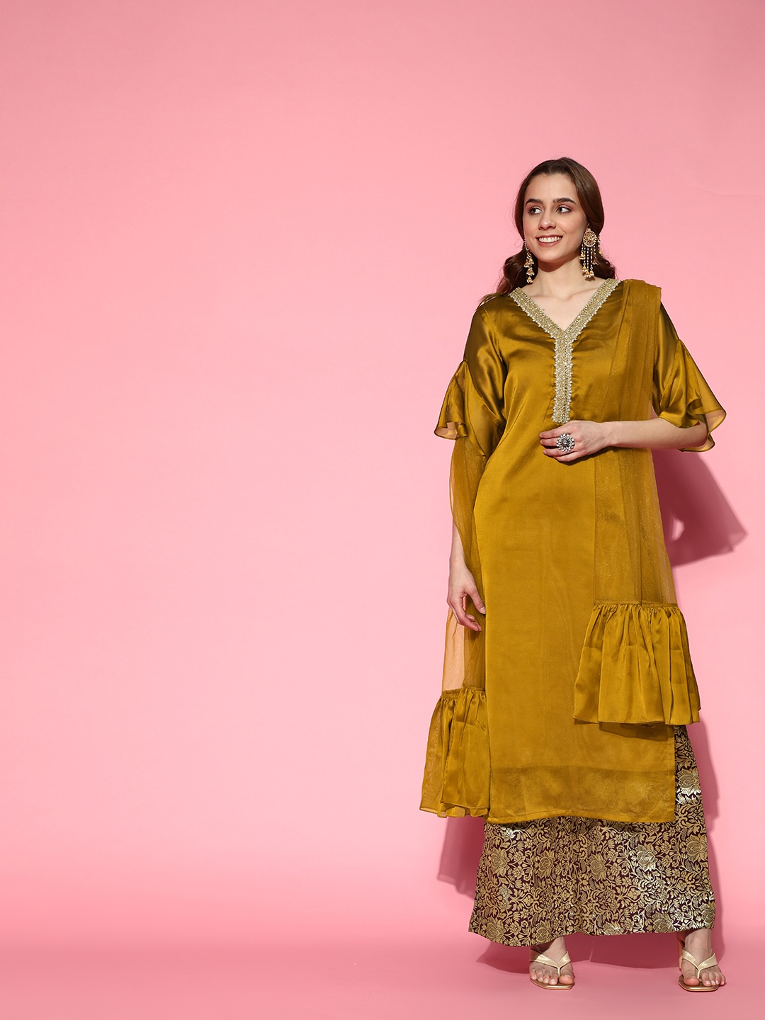 

Inddus Women Gold Kurta with Wine Woven Palazzo and NetRuffle Dupatta