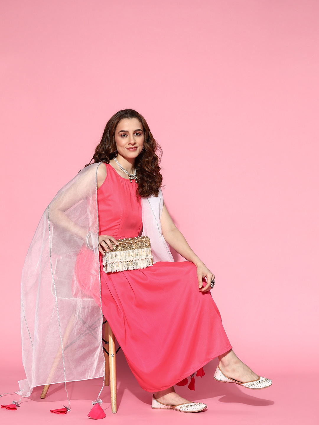 

Inddus Women Neon Pink Pleated Kurta with Pants and Organza Dupatta