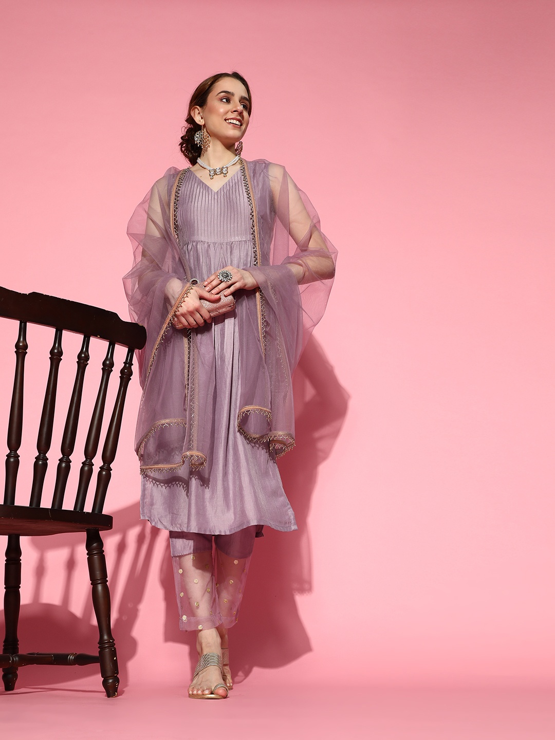 

Inddus Women Lilac Pleated Kurta with Pants and Net Dupatta, Purple