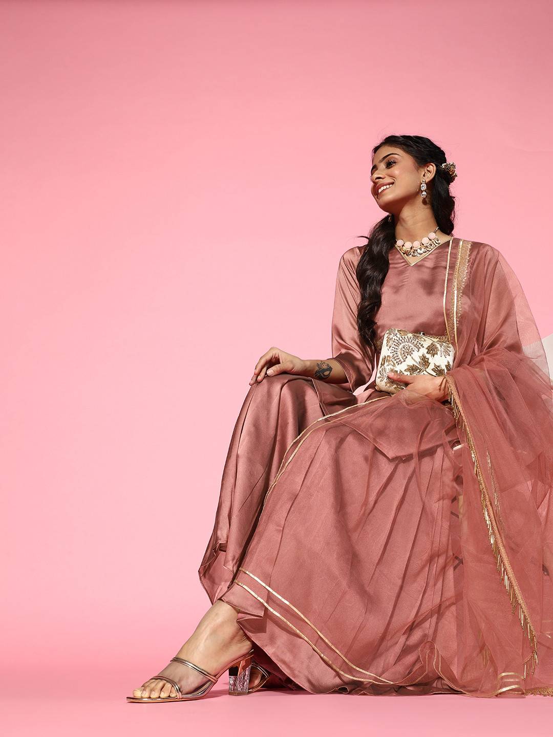 

Inddus Women Brown Yoke Design Beads & Stones Kurta with Pleated Sharara & Dupatta