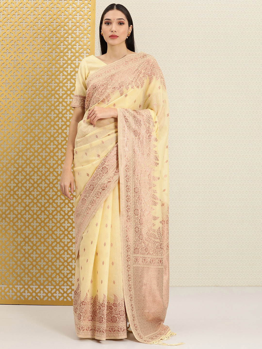 

House of Pataudi Yellow & Bronze-Toned Ethnic Motifs Zari Banarasi Saree