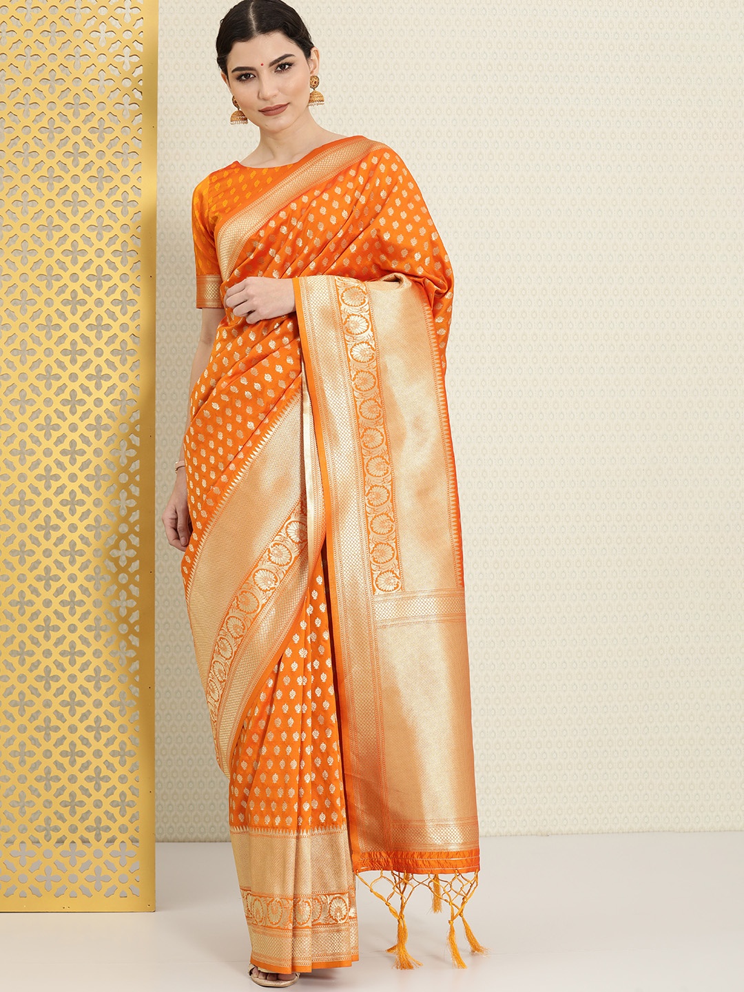 

House of Pataudi Mustard & Gold-Toned Ethnic Motifs Zari Silk Blend Banarasi Saree