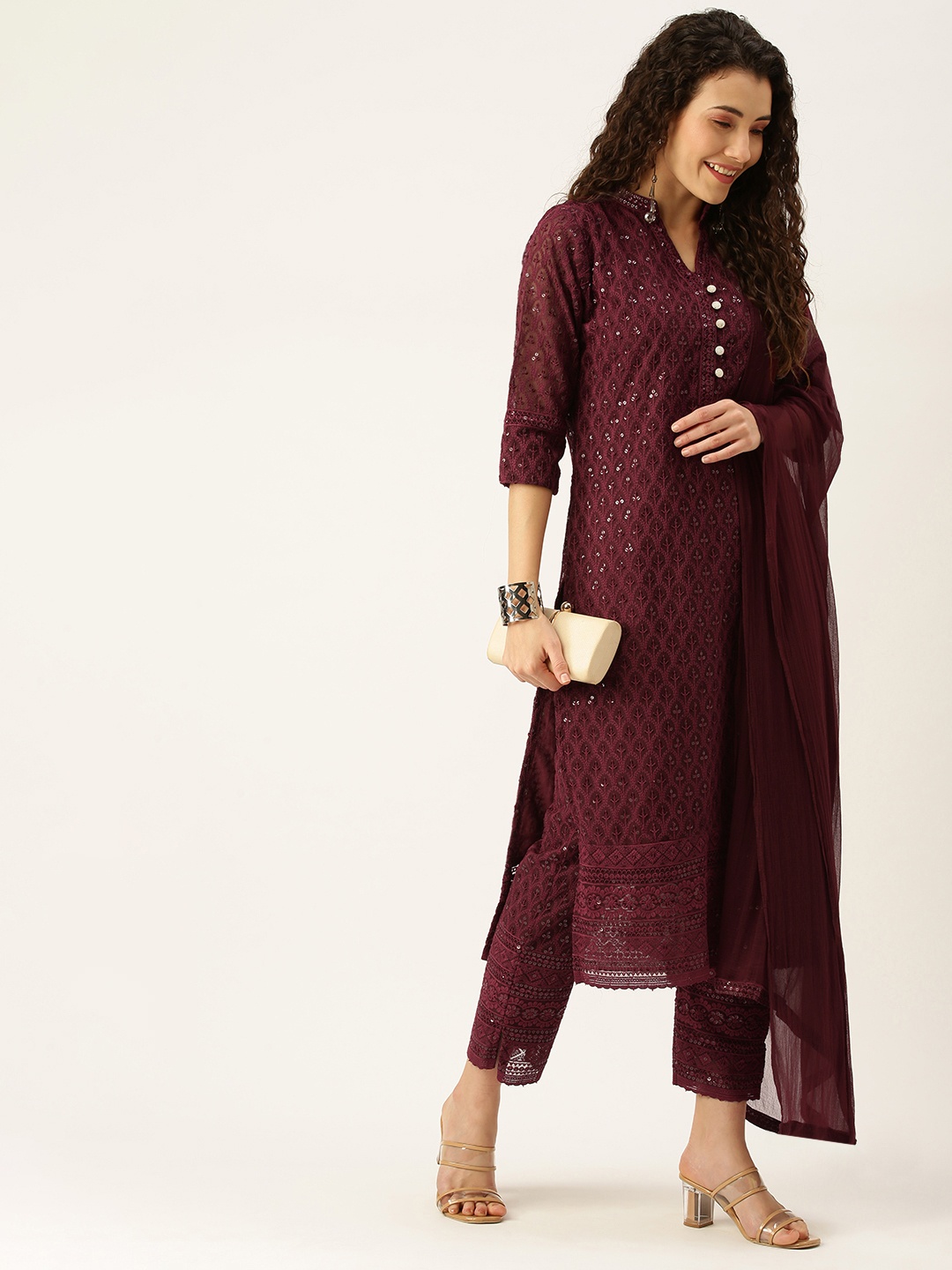 

SWAGG INDIA Women Maroon Ethnic Motifs Embroidered Sequinned Kurta with Trousers & With Dupatta