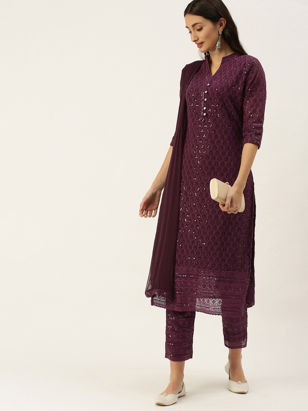 

SWAGG INDIA Women Purple Ethnic Motifs Embroidered Chikankari Kurta with Trousers & With Dupatta